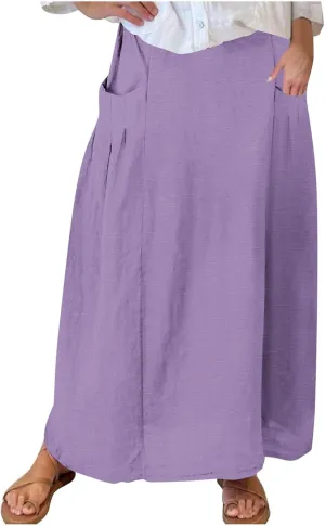 Women Casual Skirts Elastic Waist Summer Skirts Plus Size Maxi Skirts with Pockets A Line Vacation Skirts Loose Skirt