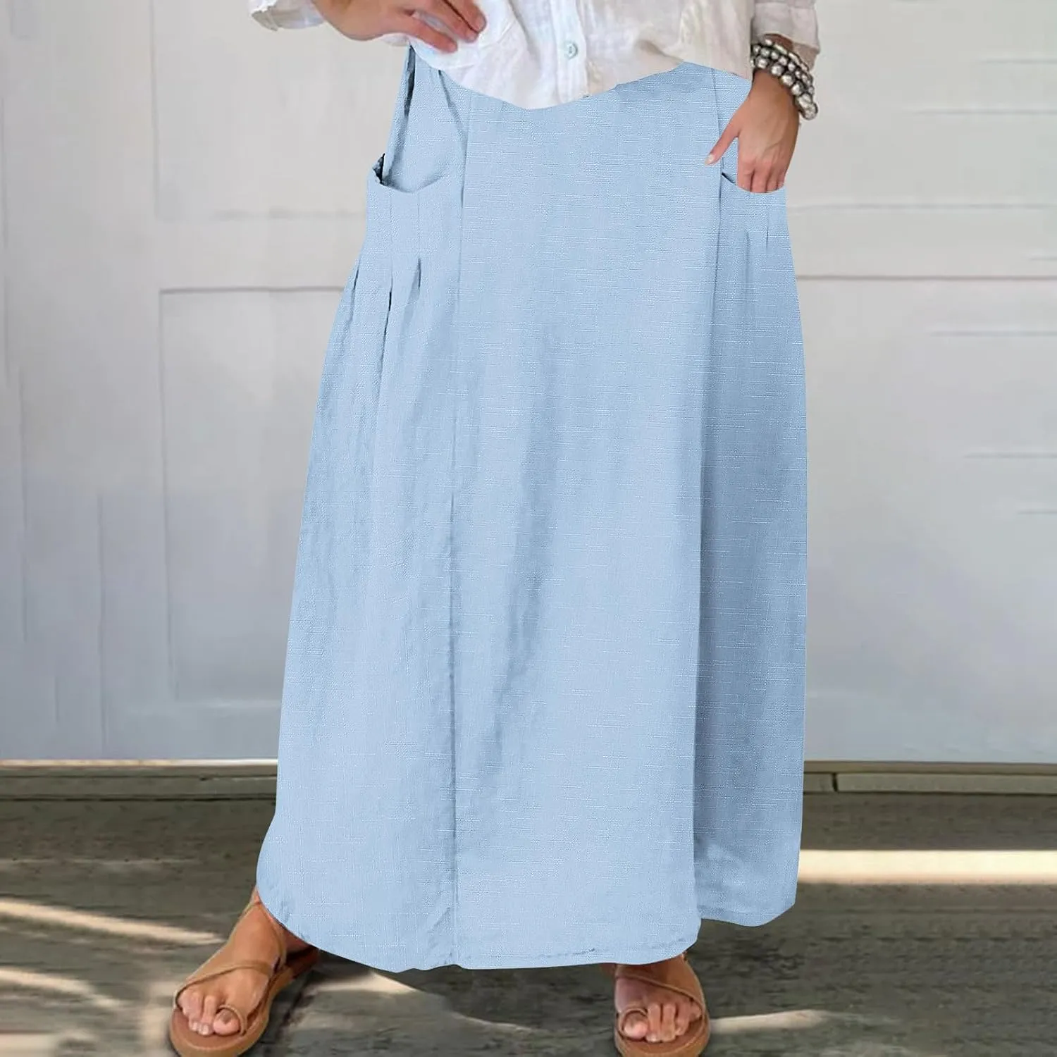 Women Casual Skirts Elastic Waist Summer Skirts Plus Size Maxi Skirts with Pockets A Line Vacation Skirts Loose Skirt