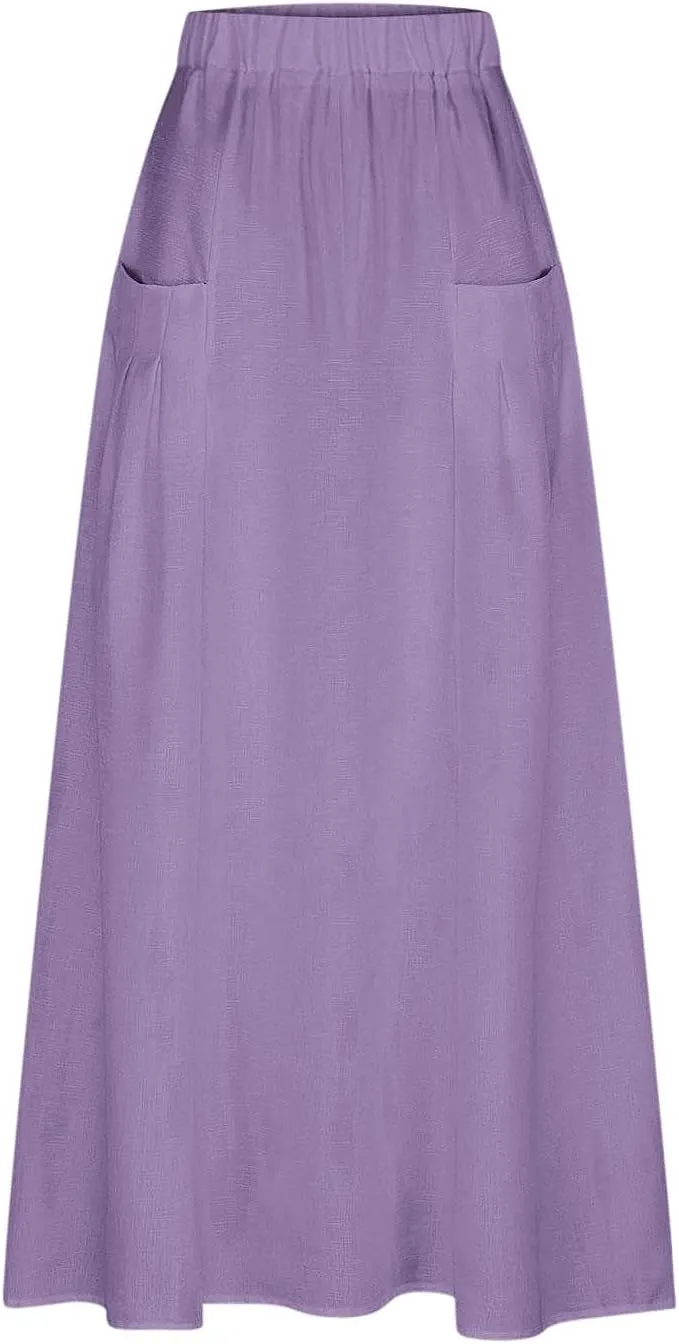 Women Casual Skirts Elastic Waist Summer Skirts Plus Size Maxi Skirts with Pockets A Line Vacation Skirts Loose Skirt