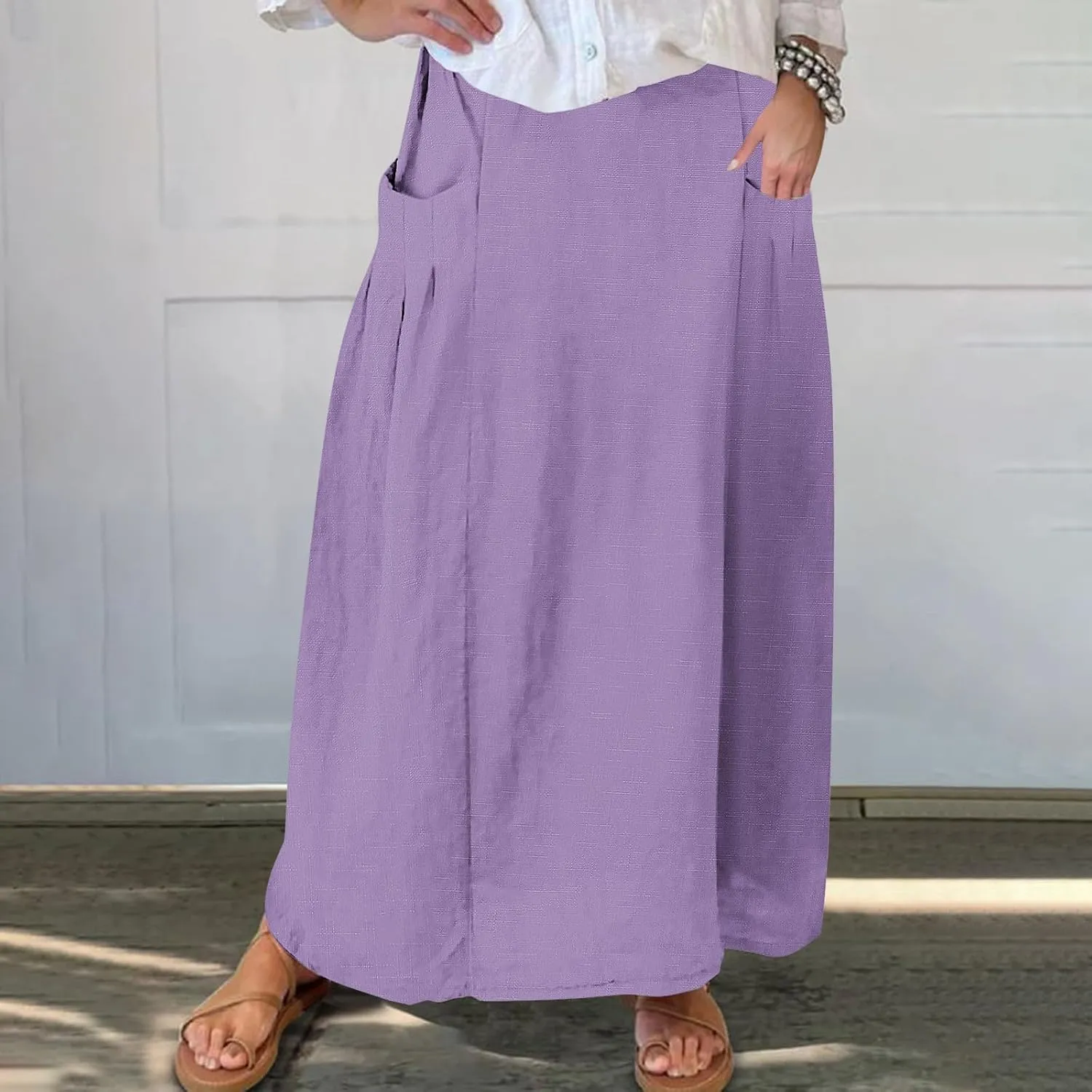 Women Casual Skirts Elastic Waist Summer Skirts Plus Size Maxi Skirts with Pockets A Line Vacation Skirts Loose Skirt