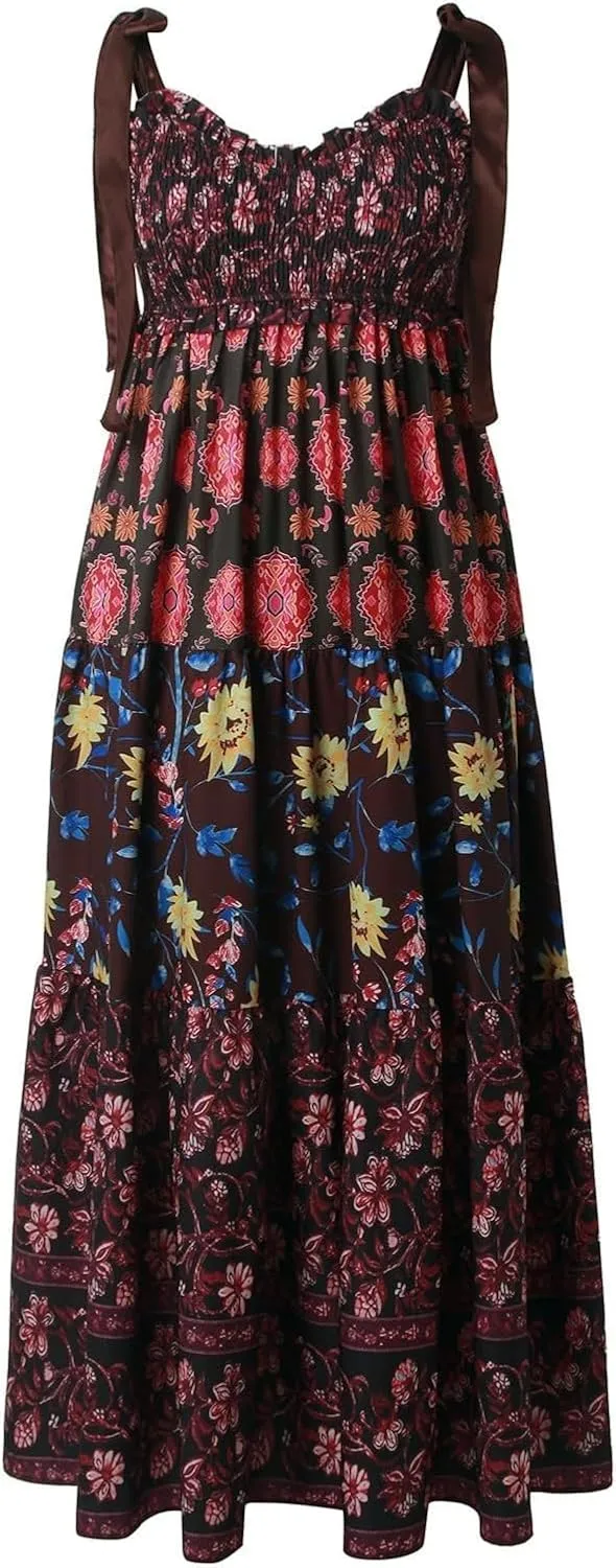 Women Floral Maxi Dress Sleeveless Tie Shoulder Bohemian Smocked Flowy Dress Bridesmaid Boho Summer Y2K Sundress with Pockets