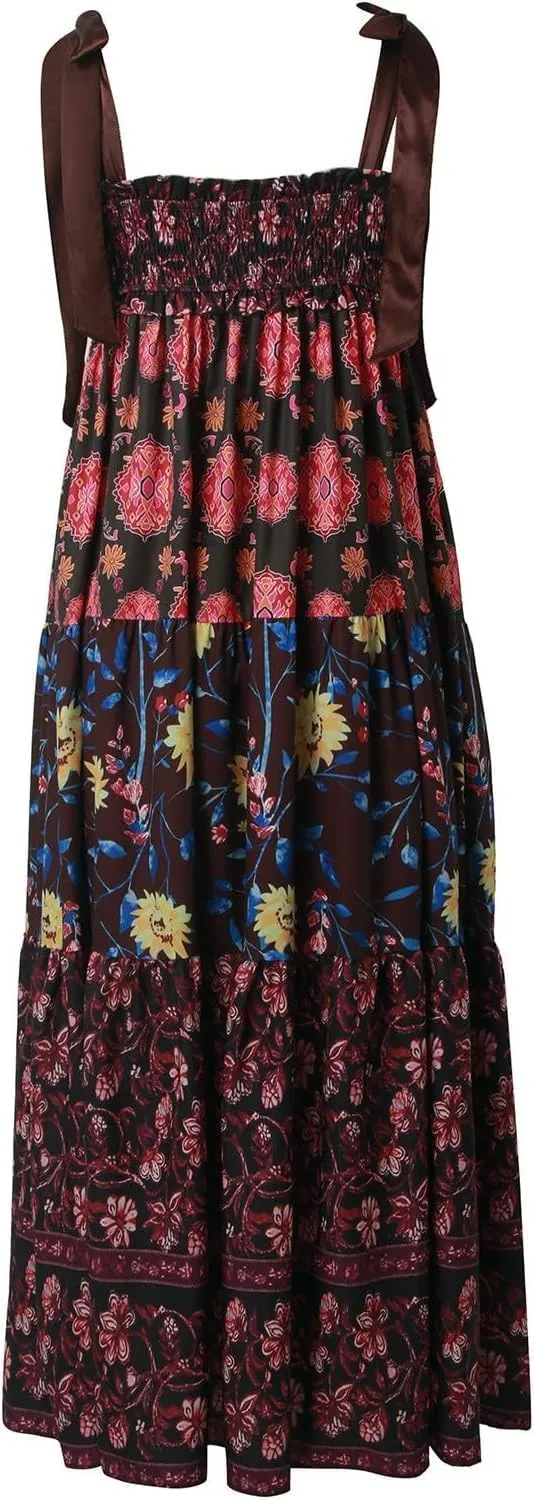 Women Floral Maxi Dress Sleeveless Tie Shoulder Bohemian Smocked Flowy Dress Bridesmaid Boho Summer Y2K Sundress with Pockets