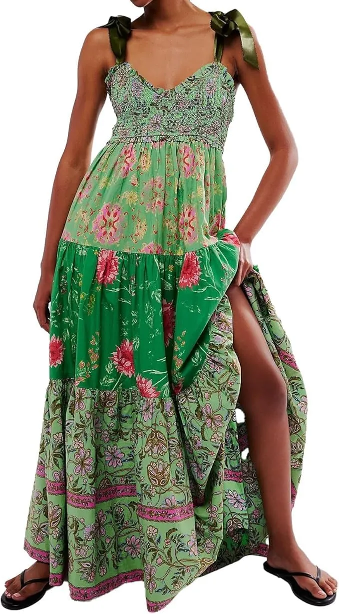 Women Floral Maxi Dress Sleeveless Tie Shoulder Bohemian Smocked Flowy Dress Bridesmaid Boho Summer Y2K Sundress with Pockets