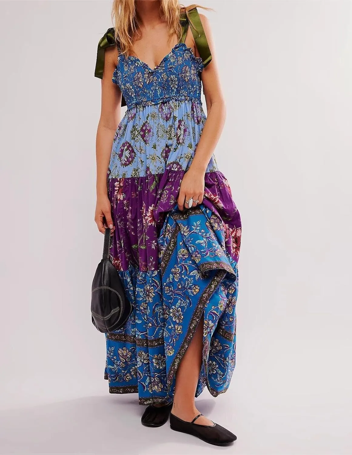 Women Floral Maxi Dress Sleeveless Tie Shoulder Bohemian Smocked Flowy Dress Bridesmaid Boho Summer Y2K Sundress with Pockets