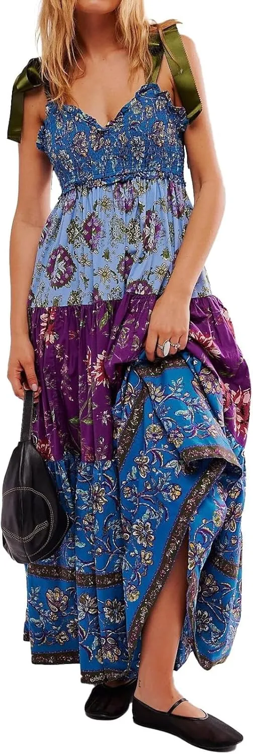 Women Floral Maxi Dress Sleeveless Tie Shoulder Bohemian Smocked Flowy Dress Bridesmaid Boho Summer Y2K Sundress with Pockets