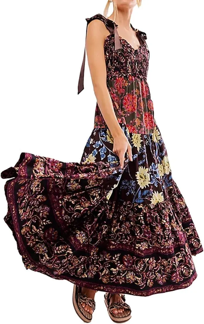 Women Floral Maxi Dress Sleeveless Tie Shoulder Bohemian Smocked Flowy Dress Bridesmaid Boho Summer Y2K Sundress with Pockets