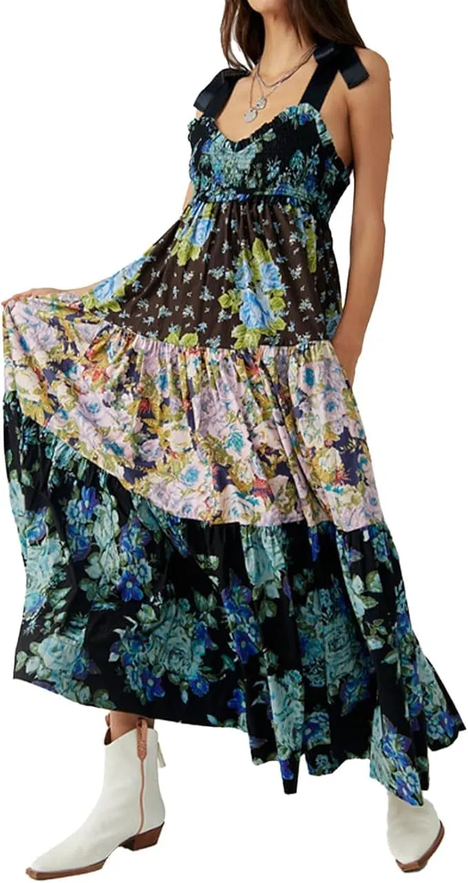 Women Floral Maxi Dress Sleeveless Tie Shoulder Bohemian Smocked Flowy Dress Bridesmaid Boho Summer Y2K Sundress with Pockets