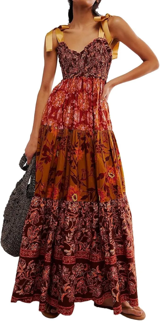 Women Floral Maxi Dress Sleeveless Tie Shoulder Bohemian Smocked Flowy Dress Bridesmaid Boho Summer Y2K Sundress with Pockets