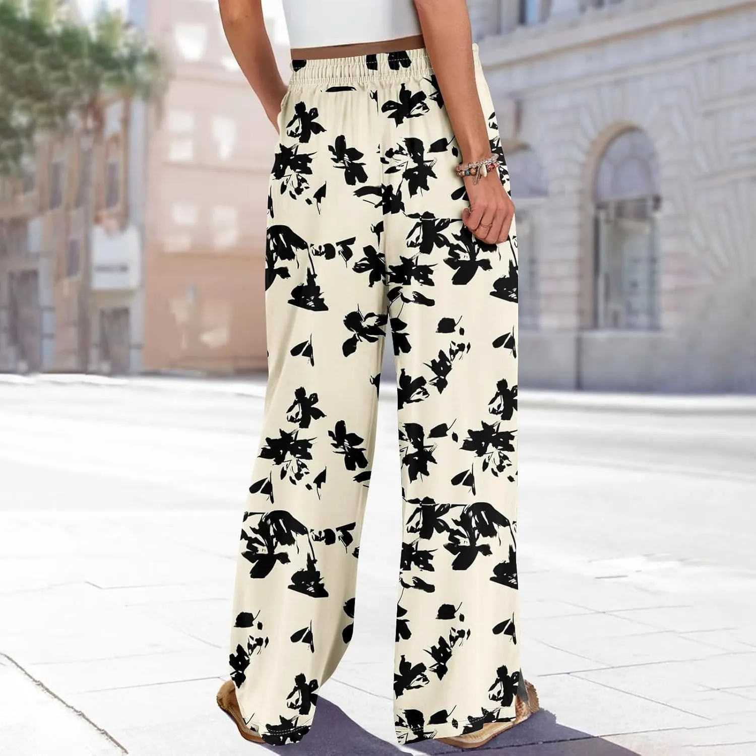 Women High Waisted Cotton Linen Palazzo Pants Dog Fish Graphic Wide Leg Long Japanese Pants Trousers with Pockets