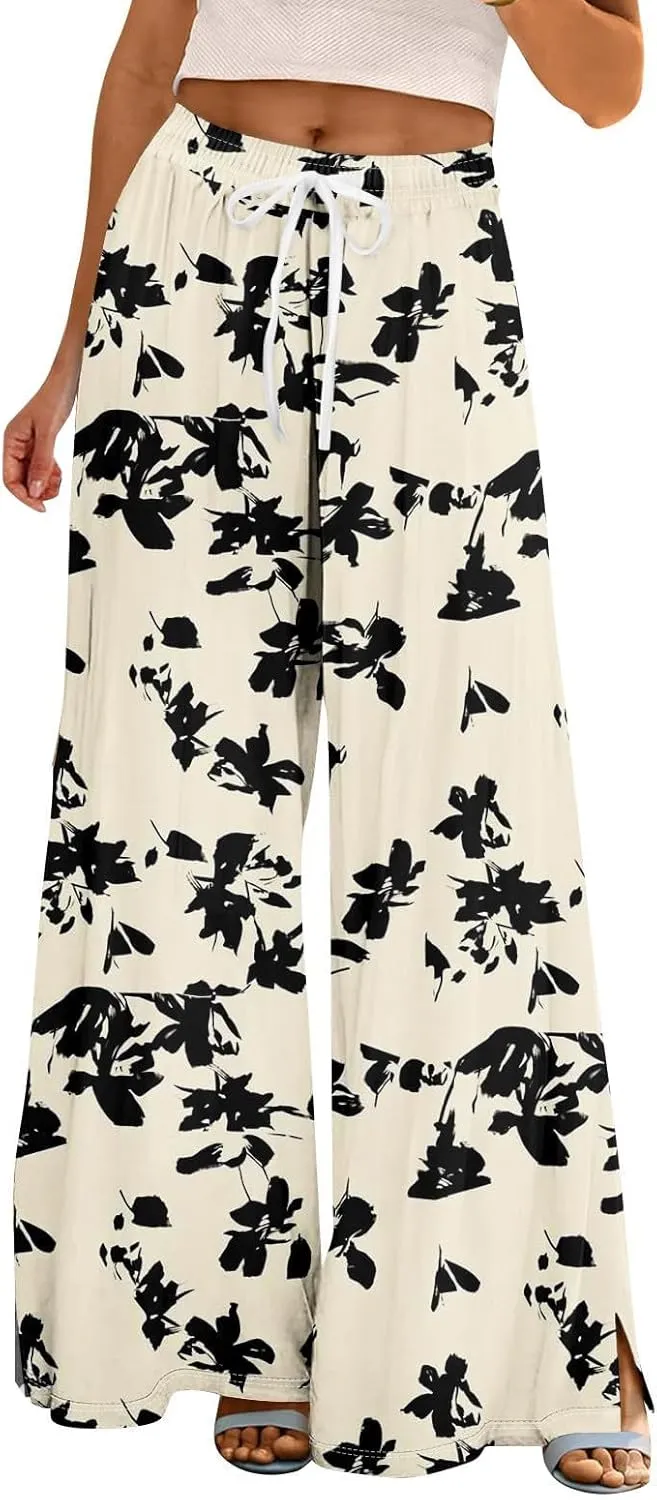 Women High Waisted Cotton Linen Palazzo Pants Dog Fish Graphic Wide Leg Long Japanese Pants Trousers with Pockets