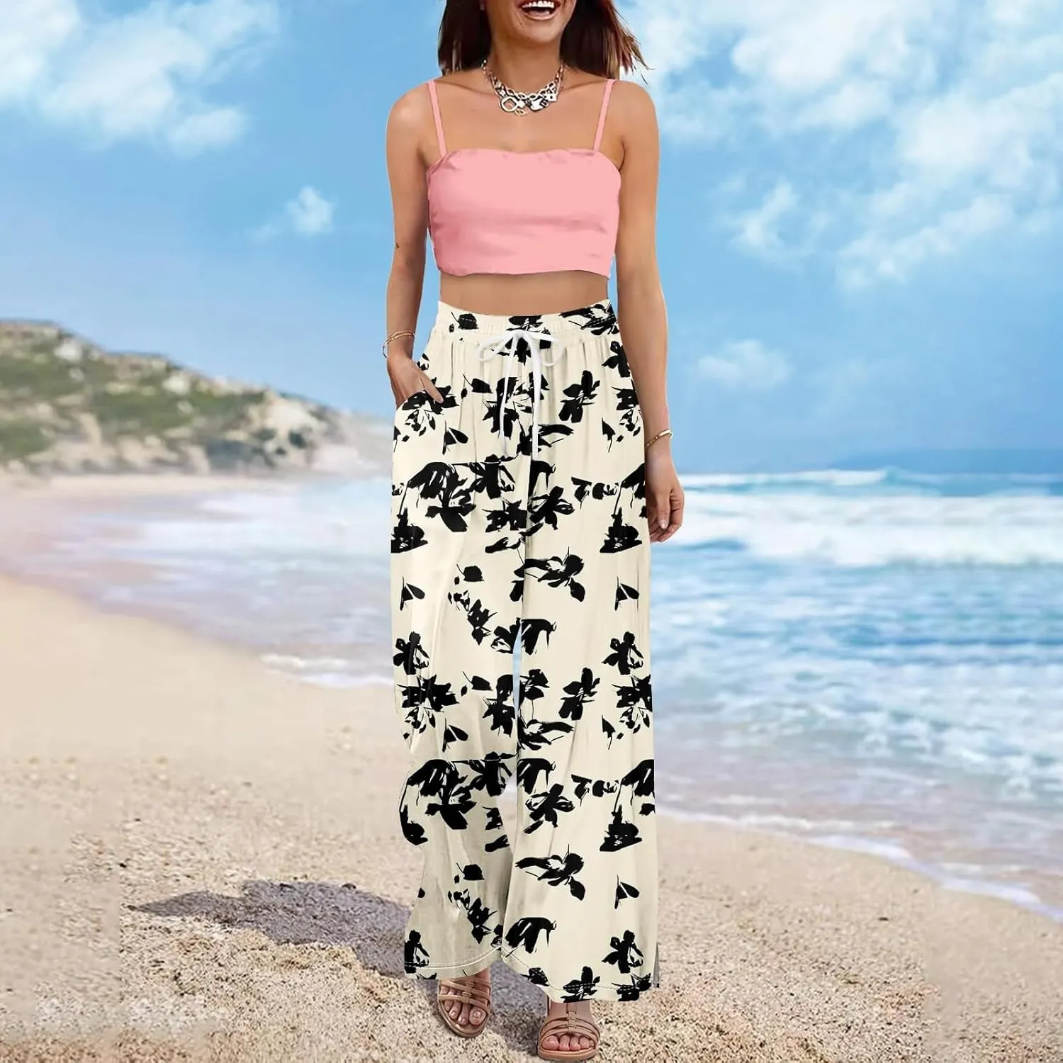 Women High Waisted Cotton Linen Palazzo Pants Dog Fish Graphic Wide Leg Long Japanese Pants Trousers with Pockets