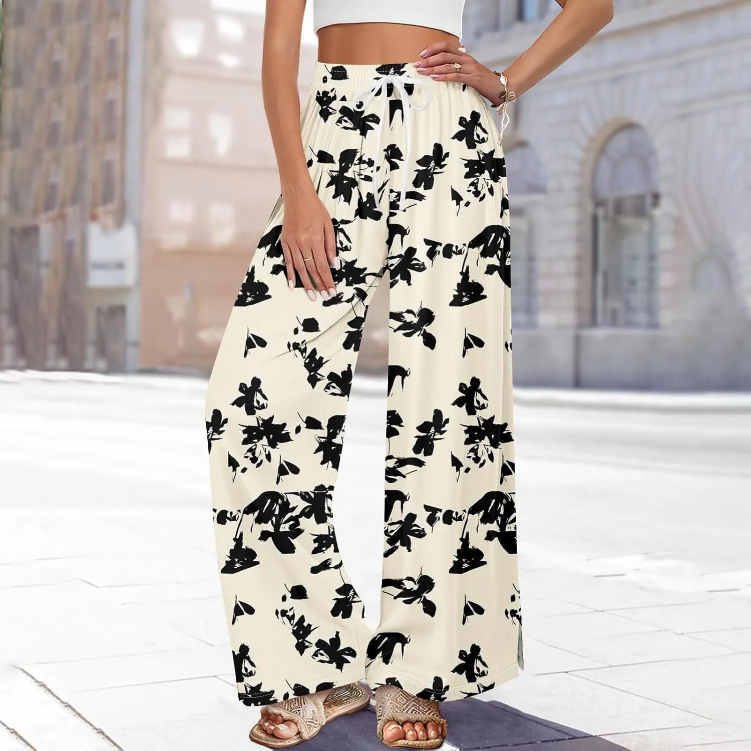 Women High Waisted Cotton Linen Palazzo Pants Dog Fish Graphic Wide Leg Long Japanese Pants Trousers with Pockets