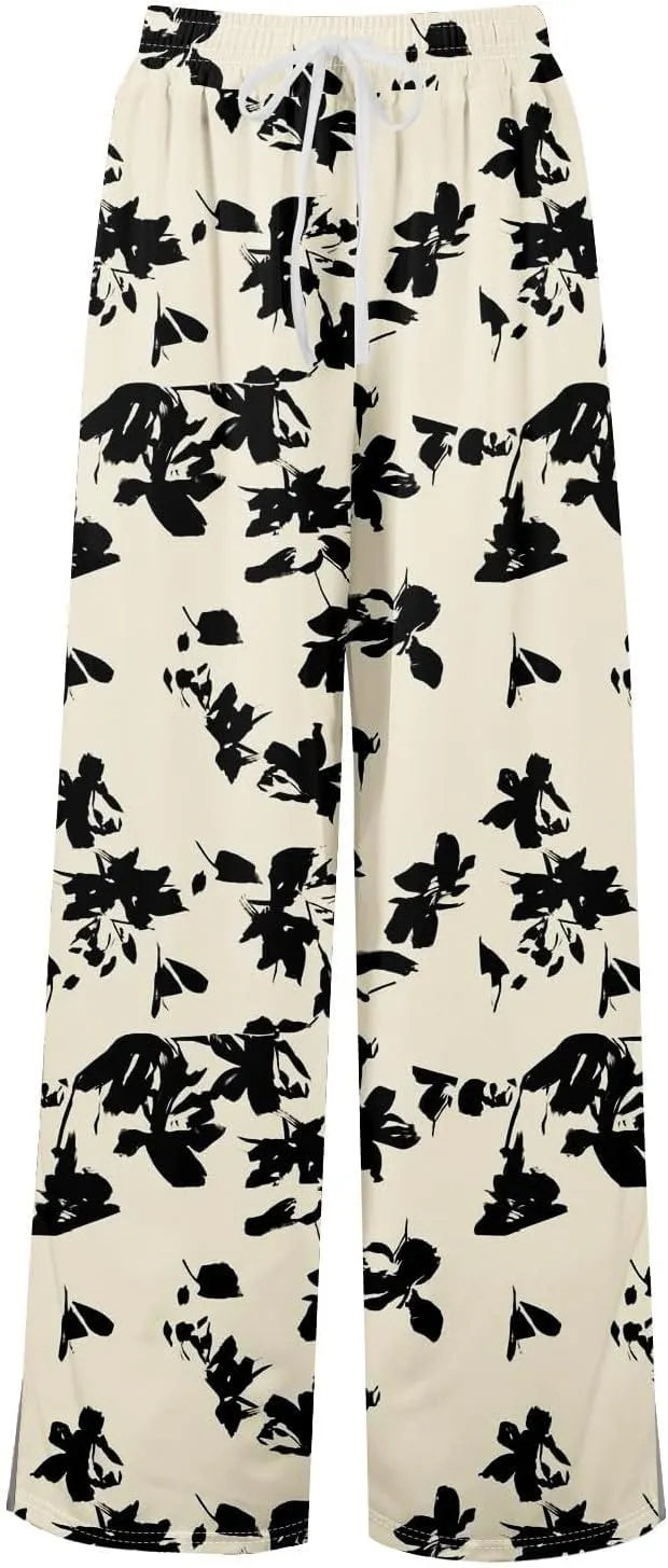 Women High Waisted Cotton Linen Palazzo Pants Dog Fish Graphic Wide Leg Long Japanese Pants Trousers with Pockets