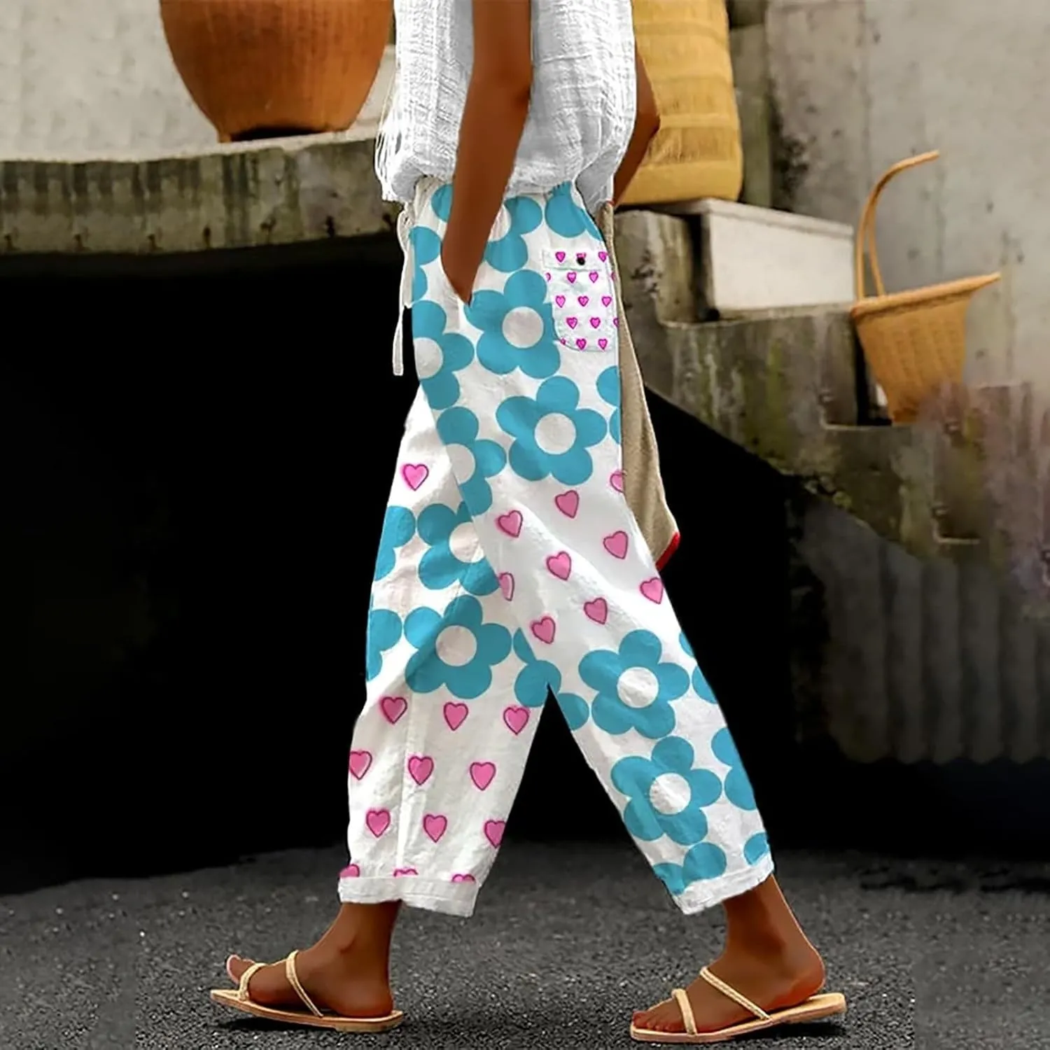 Women Linen Palazzo Pants Casual Drawstring Pants with Pockets Linen Women Wide Leg for