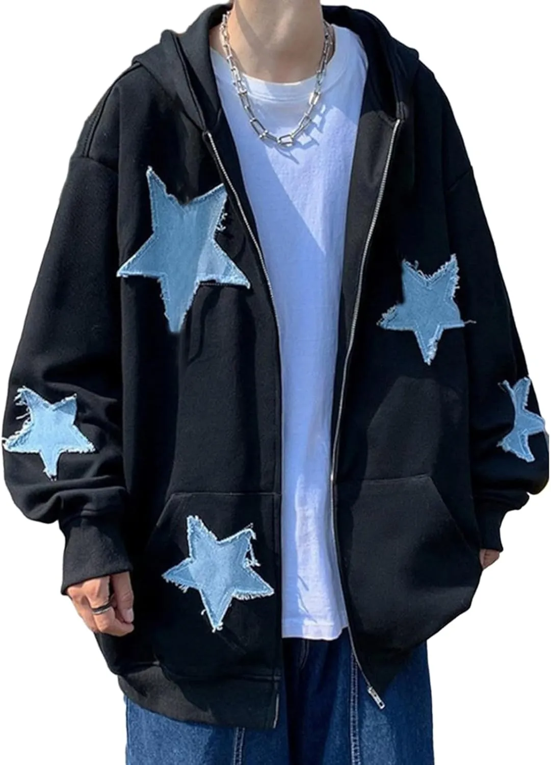 Women Men Zip Up Star Hoodie Oversized Long Sleeve Graphic Print Grunge Aesthetic Sweatshirt Jacket with Pocket Streetwear