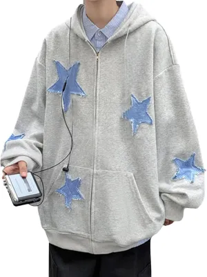 Women Men Zip Up Star Hoodie Oversized Long Sleeve Graphic Print Grunge Aesthetic Sweatshirt Jacket with Pocket Streetwear