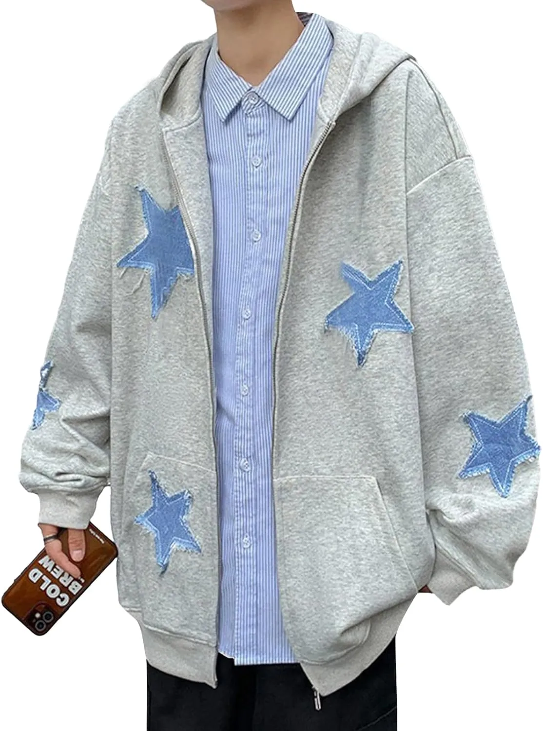 Women Men Zip Up Star Hoodie Oversized Long Sleeve Graphic Print Grunge Aesthetic Sweatshirt Jacket with Pocket Streetwear