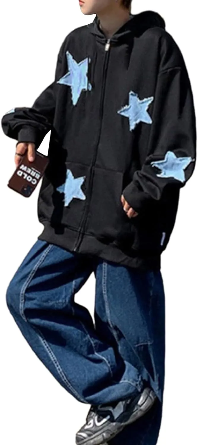 Women Men Zip Up Star Hoodie Oversized Long Sleeve Graphic Print Grunge Aesthetic Sweatshirt Jacket with Pocket Streetwear