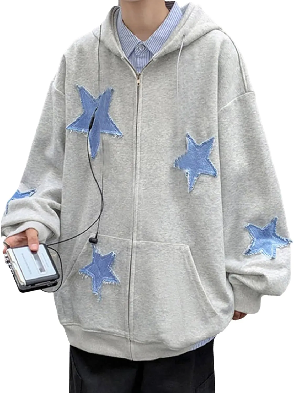 Women Men Zip Up Star Hoodie Oversized Long Sleeve Graphic Print Grunge Aesthetic Sweatshirt Jacket with Pocket Streetwear