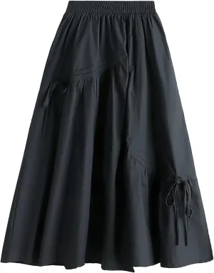 Women Midi Skirts Women's Solid Color Casual Slimming Pleated Lacing Medium Length Large Swing A Line Skirt