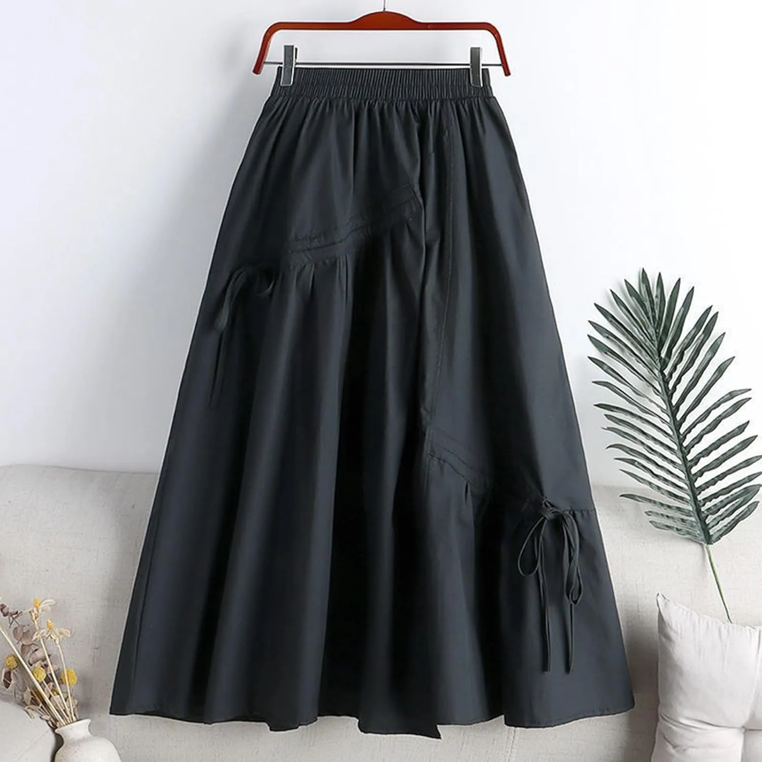 Women Midi Skirts Women's Solid Color Casual Slimming Pleated Lacing Medium Length Large Swing A Line Skirt