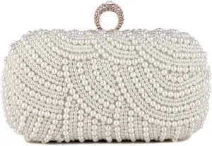 Women Pearl Clutch Purse Striped Crystal Top Beaded Bags Women's Evening Handbags with Detachable Chain Party Wedding Ivory