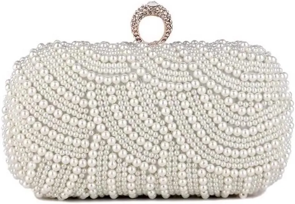 Women Pearl Clutch Purse Striped Crystal Top Beaded Bags Women's Evening Handbags with Detachable Chain Party Wedding Ivory