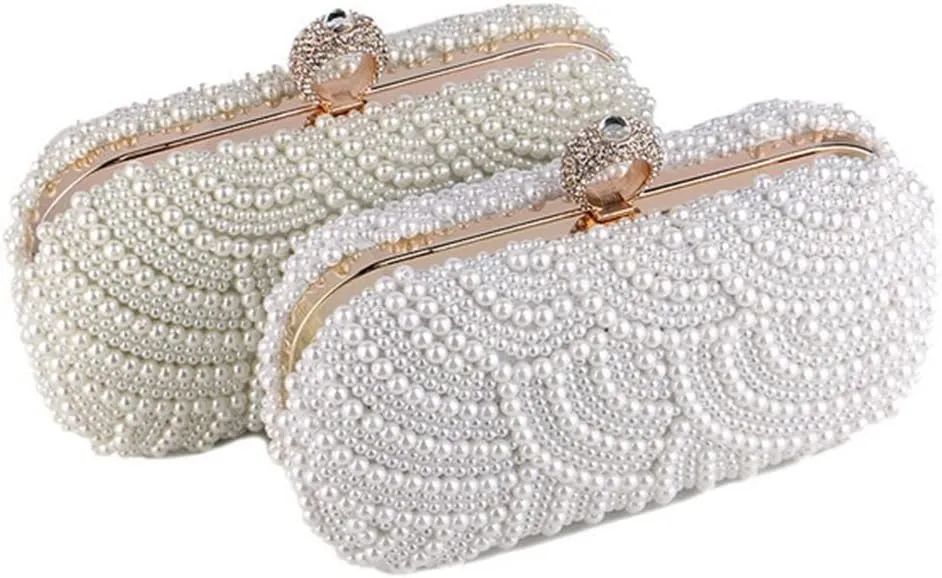 Women Pearl Clutch Purse Striped Crystal Top Beaded Bags Women's Evening Handbags with Detachable Chain Party Wedding Ivory