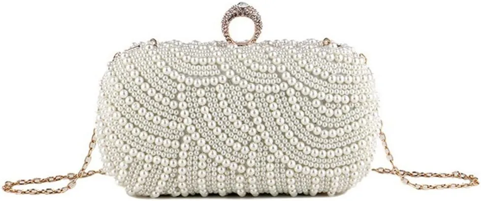 Women Pearl Clutch Purse Striped Crystal Top Beaded Bags Women's Evening Handbags with Detachable Chain Party Wedding Ivory