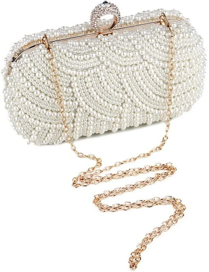 Women Pearl Clutch Purse Striped Crystal Top Beaded Bags Women's Evening Handbags with Detachable Chain Party Wedding Ivory