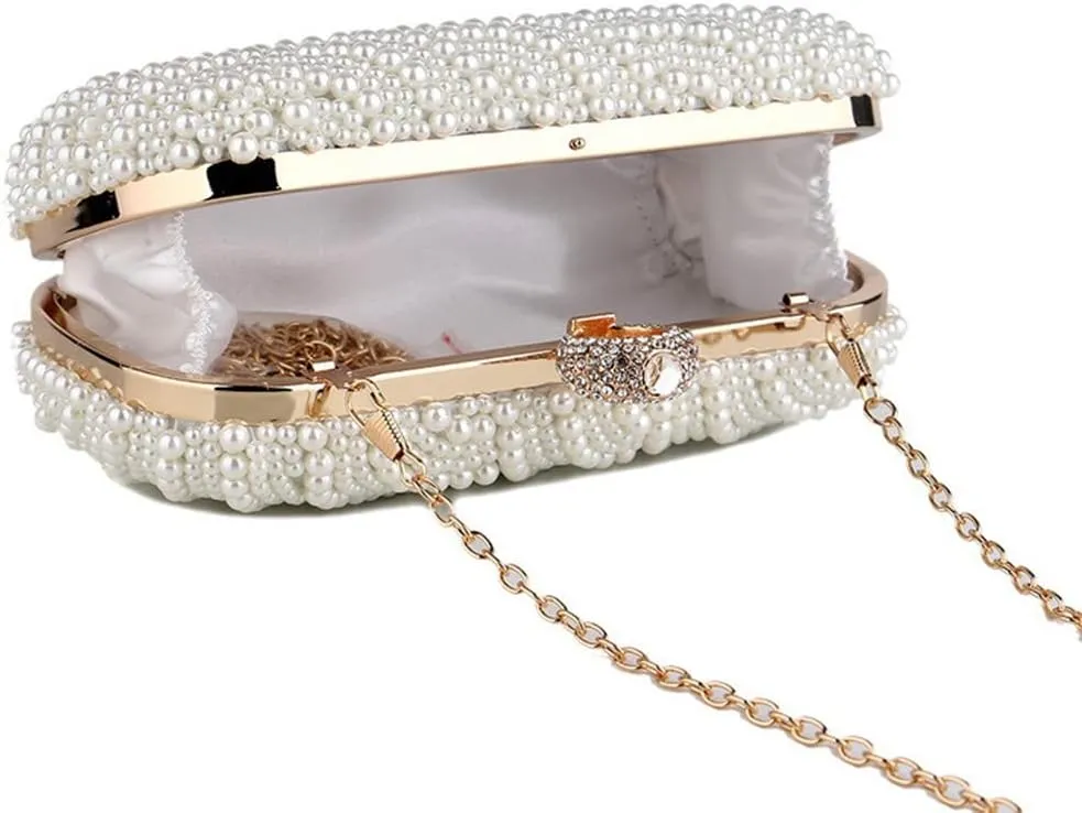 Women Pearl Clutch Purse Striped Crystal Top Beaded Bags Women's Evening Handbags with Detachable Chain Party Wedding Ivory