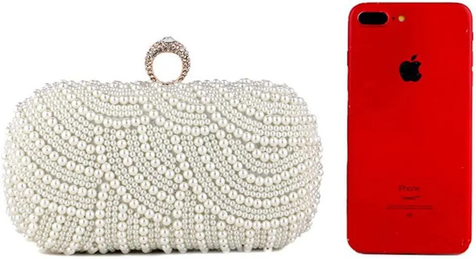 Women Pearl Clutch Purse Striped Crystal Top Beaded Bags Women's Evening Handbags with Detachable Chain Party Wedding Ivory