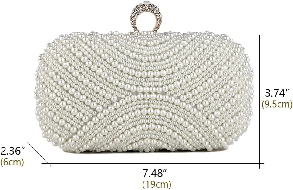 Women Pearl Clutch Purse Striped Crystal Top Beaded Bags Women's Evening Handbags with Detachable Chain Party Wedding Ivory