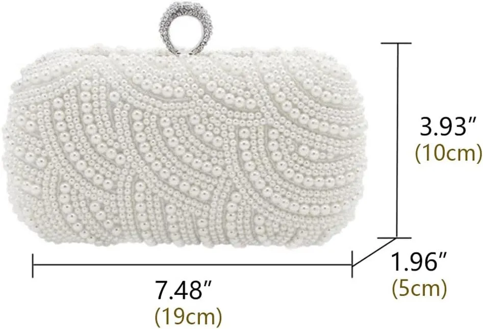 Women Pearl Clutch Purse Striped Crystal Top Beaded Bags Women's Evening Handbags with Detachable Chain Party Wedding White