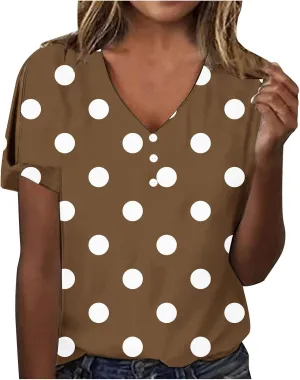 Women Polka Dot Tshirt Shirts Summer Fashion V-Neck Short Sleeve Tee Top Loose Trendy Button Decor Petite Tops Shirt