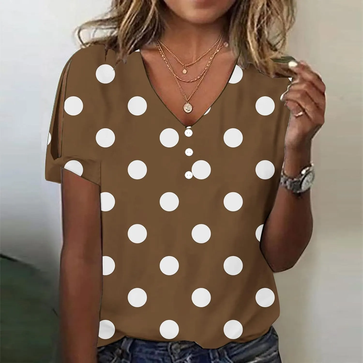 Women Polka Dot Tshirt Shirts Summer Fashion V-Neck Short Sleeve Tee Top Loose Trendy Button Decor Petite Tops Shirt