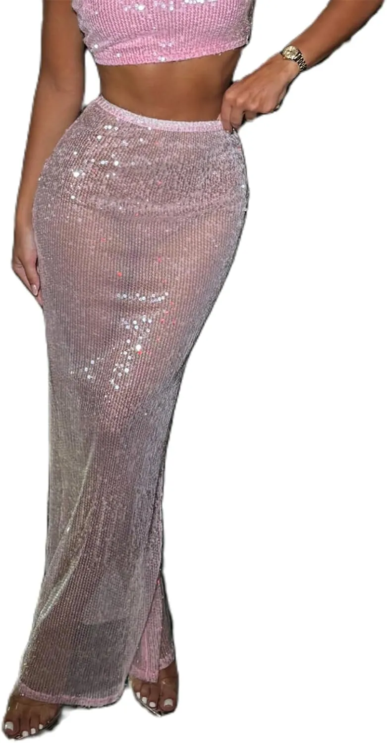 Women Sequin Maxi Bodycon Skirt Y2K Sexy Slim Fit See Through Shinny Long Dress Coquette Party Glitter Formal Skirts