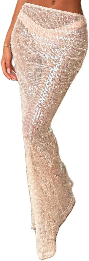 Women Sequin Maxi Bodycon Skirt Y2K Sexy Slim Fit See Through Shinny Long Dress Coquette Party Glitter Formal Skirts