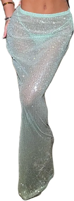 Women Sequin Maxi Bodycon Skirt Y2K Sexy Slim Fit See Through Shinny Long Dress Coquette Party Glitter Formal Skirts