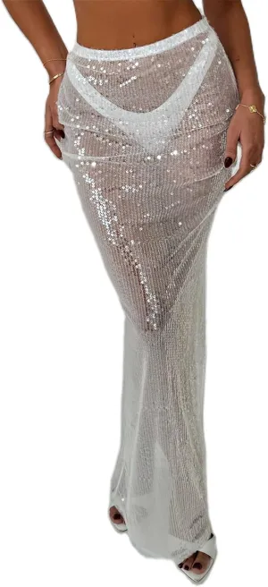Women Sequin Maxi Bodycon Skirt Y2K Sexy Slim Fit See Through Shinny Long Dress Coquette Party Glitter Formal Skirts