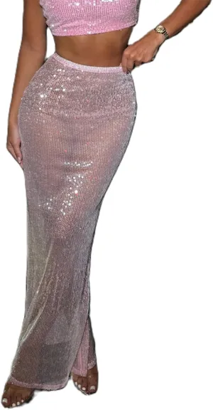 Women Sequin Maxi Bodycon Skirt Y2K Sexy Slim Fit See Through Shinny Long Dress Coquette Party Glitter Formal Skirts