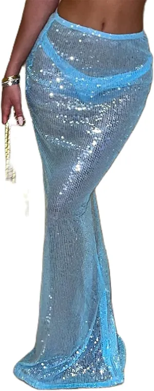 Women Sequin Maxi Bodycon Skirt Y2K Sexy Slim Fit See Through Shinny Long Dress Coquette Party Glitter Formal Skirts