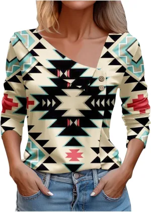 Women Tops Spring 2024 Long Sleeve V Neck Loose Shirts Plaid Print Asymmetric Button Blouses Business Casual Tunic