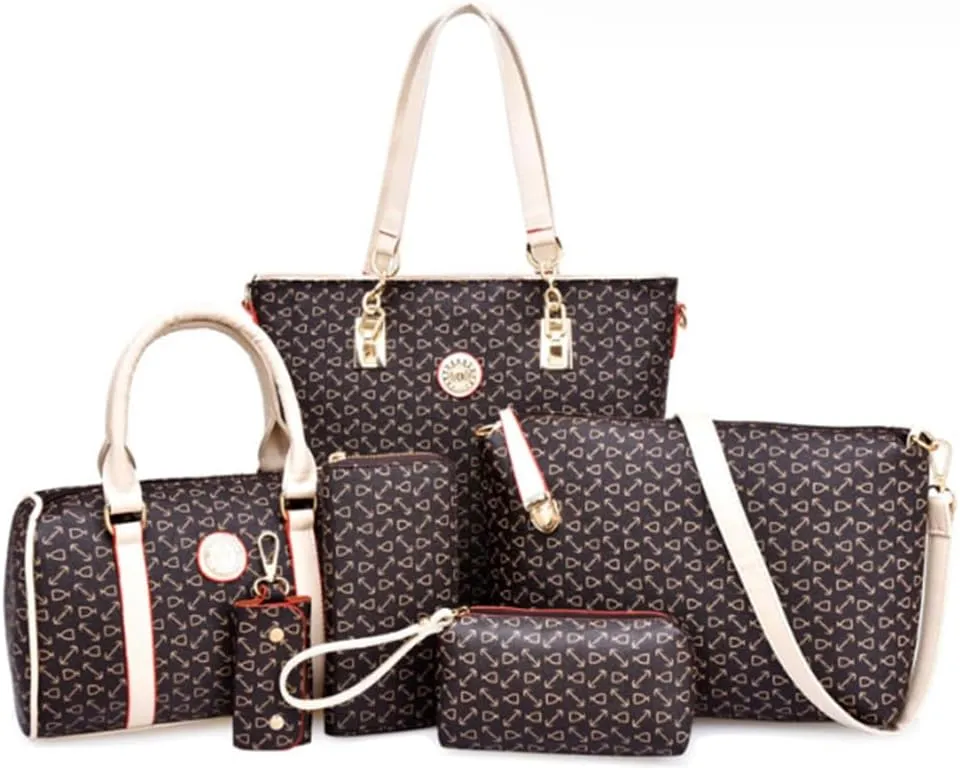 Women Totes Purse Satchel 6pcs Faux Leather Arrow Printing Handbag Shoulder Bag Clutch Wallet