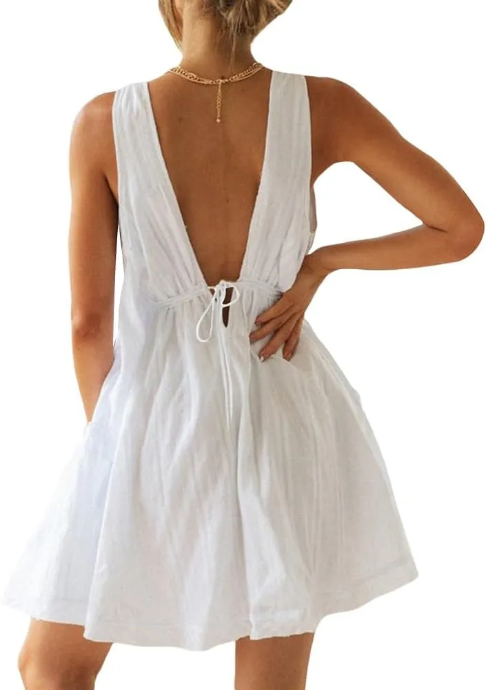 Women V Neck Loose Mini Dress Boho Flowy Tiered Babydoll Sundress Y2K Sleeveless Going Out Dresses