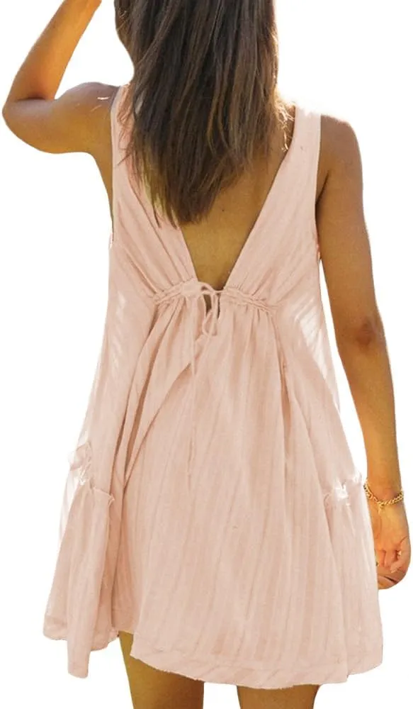 Women V Neck Loose Mini Dress Boho Flowy Tiered Babydoll Sundress Y2K Sleeveless Going Out Dresses
