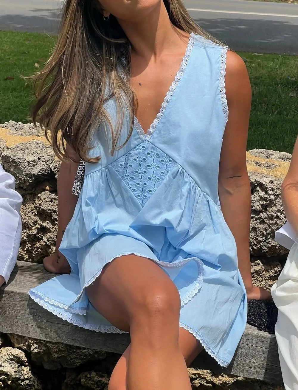 Women V Neck Loose Mini Dress Boho Flowy Tiered Babydoll Sundress Y2K Sleeveless Going Out Dresses