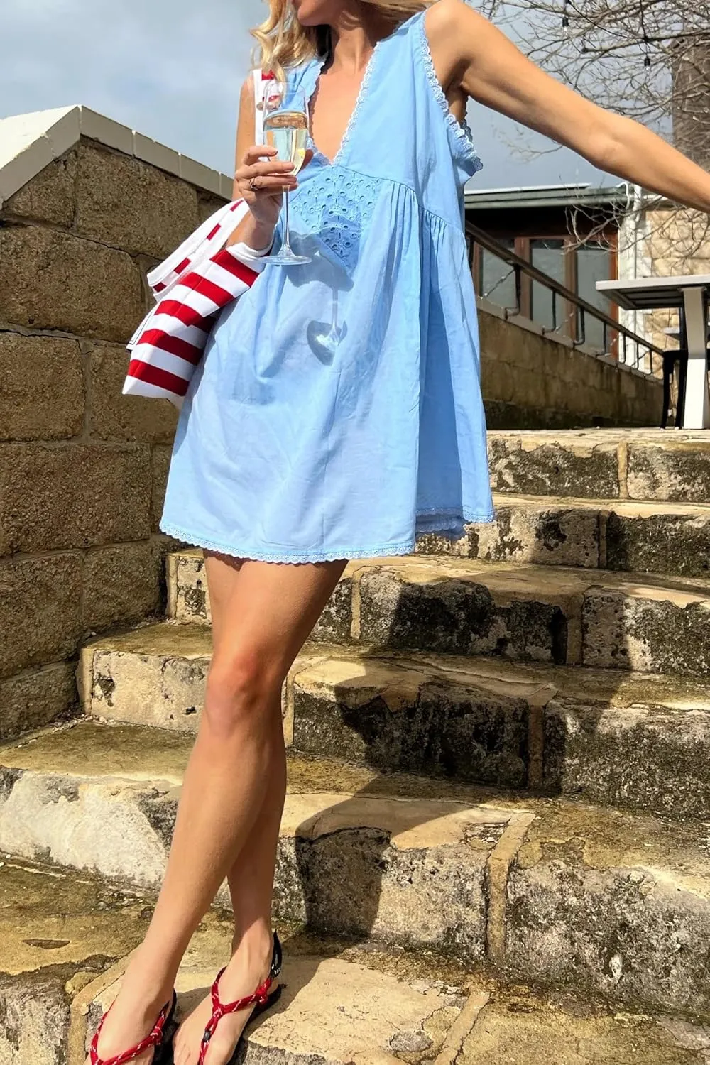 Women V Neck Loose Mini Dress Boho Flowy Tiered Babydoll Sundress Y2K Sleeveless Going Out Dresses