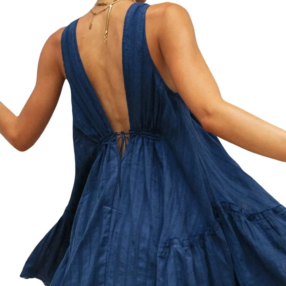 Women V Neck Loose Mini Dress Boho Flowy Tiered Babydoll Sundress Y2K Sleeveless Going Out Dresses