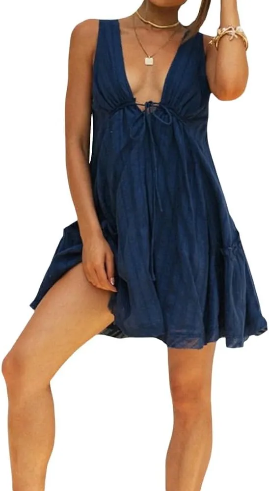 Women V Neck Loose Mini Dress Boho Flowy Tiered Babydoll Sundress Y2K Sleeveless Going Out Dresses